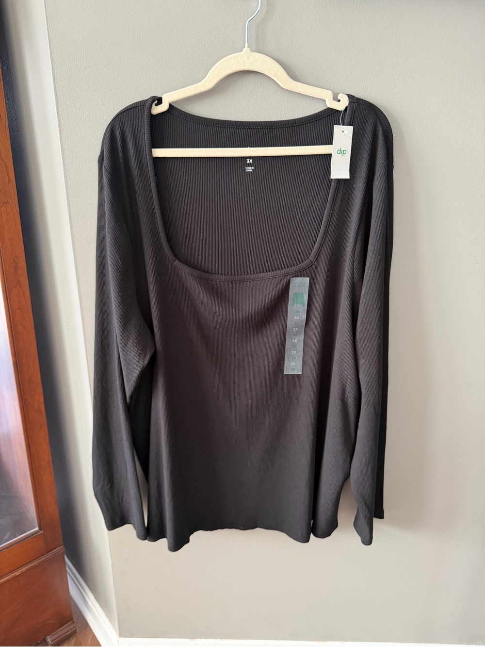 dip Black Square Neck Long Sleeve Ribbed Top. 3X